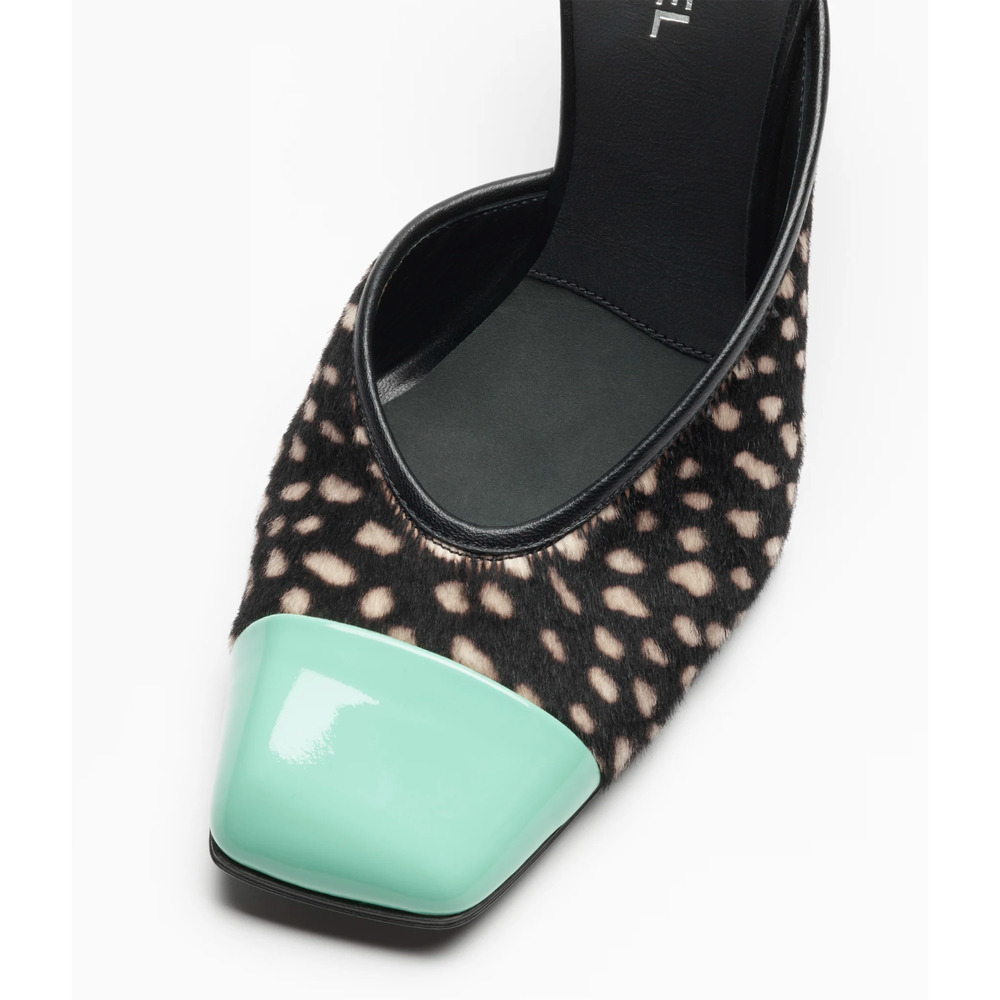 Chanel 26S Blazy Black White Pony Fur Green Square Toe Block Heel Pump Mule 38 - Picture 8 of 16